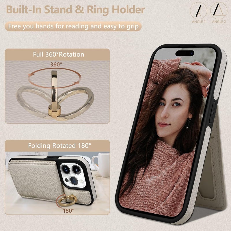 Keallce Case for iPhone 15 Pro 6.1'', Detachable Crossbody Wallet Case with RFID Blocking Card Slots, 360?Stand Ring, Flip Leather Protective Cover Lanyard Shoulder Strap Women for iPhone 15 Pro Beige - Image 5